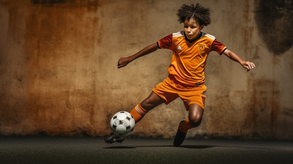 A young player perfecting soccer dribbling drills on a sunny day, with nutritious meal plans powering their performance.