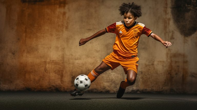 A young player perfecting soccer dribbling drills on a sunny day, with nutritious meal plans powering their performance.