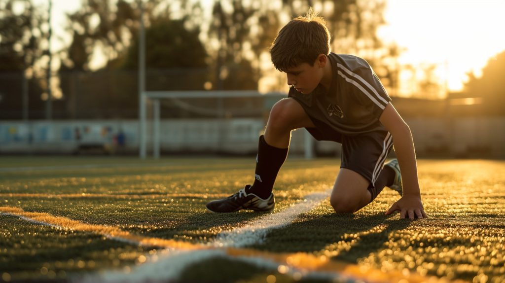 Capture a photo of a youth soccer player engaging in injury prevention activities before playing soccer. The image should show the player performing stretches or warm-up exercises that are essential for minimizing the risk of injury. Use a Canon EOS R6 camera with a RF 24-105mm f/4L IS USM lens, which offers a versatile range and excellent image quality. Set the aperture to f/5.6, ISO 320, and a shutter speed of 1/250 sec to capture the player in clear detail against the training background. The natural lighting should be even and bright, illuminating the player’s focused demeanor and the precision of their warm-up routine. The background should include elements of the soccer field or training area, subtly blurred to emphasize the importance of the player’s pre-game injury prevention activities. This is an ideal soccer recovery session