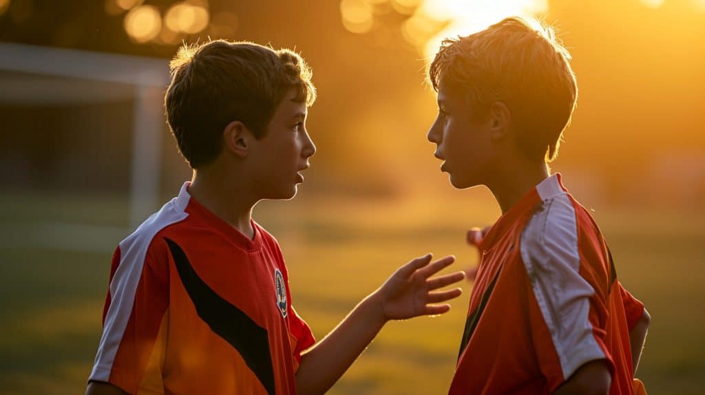 Two youth soccer players practicing soccer communication drills.