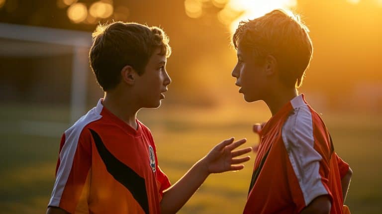 Two youth soccer players practicing soccer communication drills.