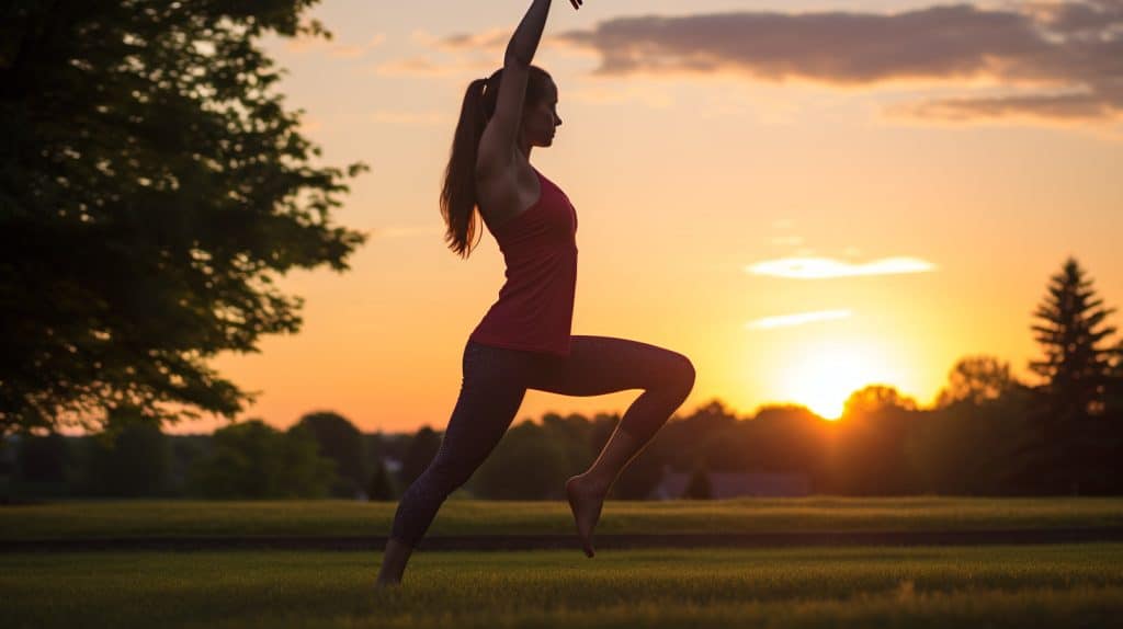Youth female athlete doing soccer stretches and stretch soccer techniques on a field at dusk.