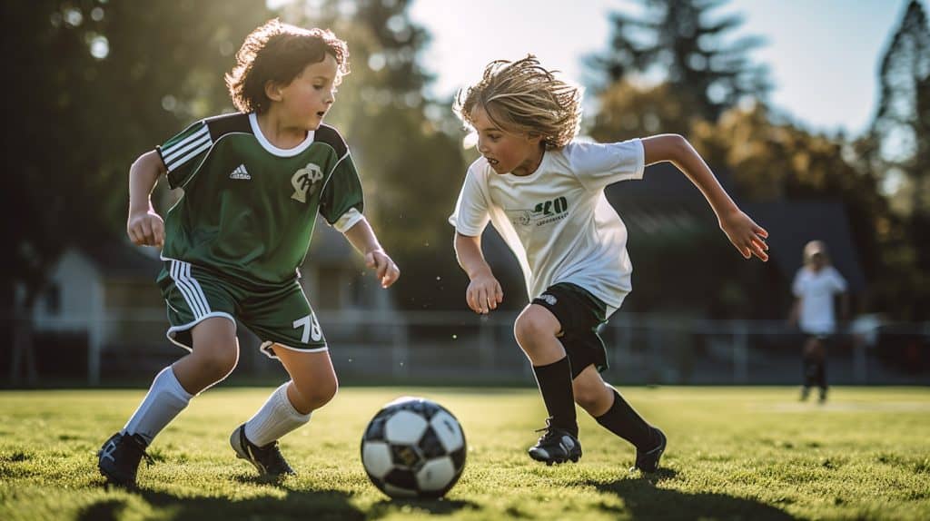 Two youth boys practicing defensive soccer drills on a soccer field.