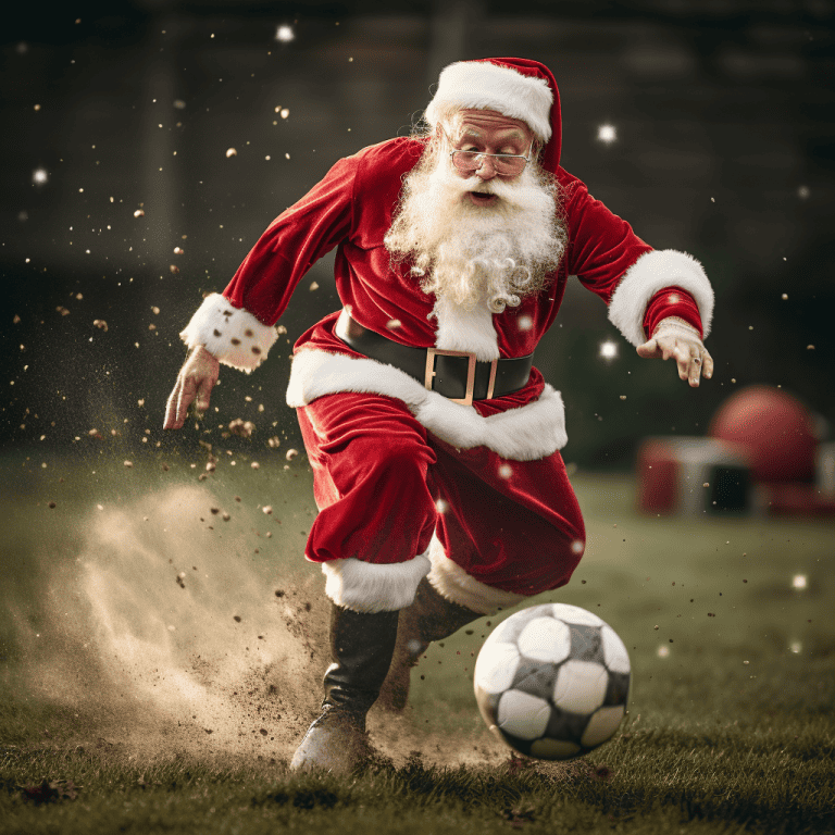 Fun Christmas soccer training activities for kids with Santa practicing his own dribbling skills!