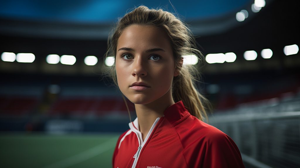 A female soccer player focusing on how to gain confidence in soccer in preparation for her game.